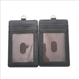 2 black leather badge or license holders with card slots and clip for lanyard